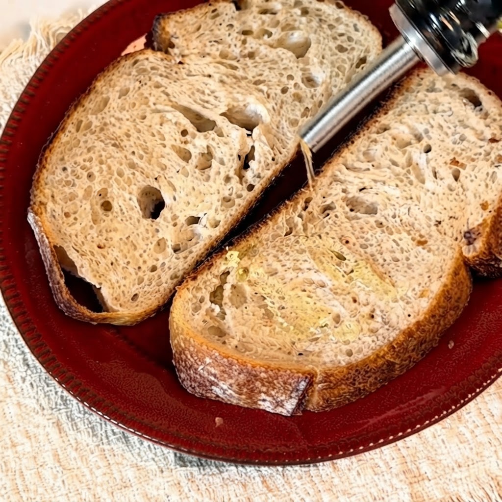 Olive oil being poured from a bottle onto two slices of sourdough bread.