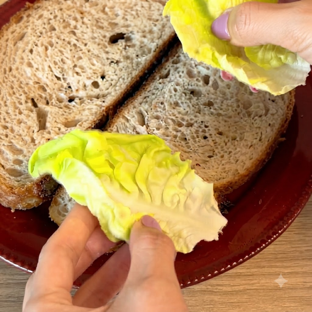 Fresh green lettuce leaves being placed on top of a slice of sourdough bread.