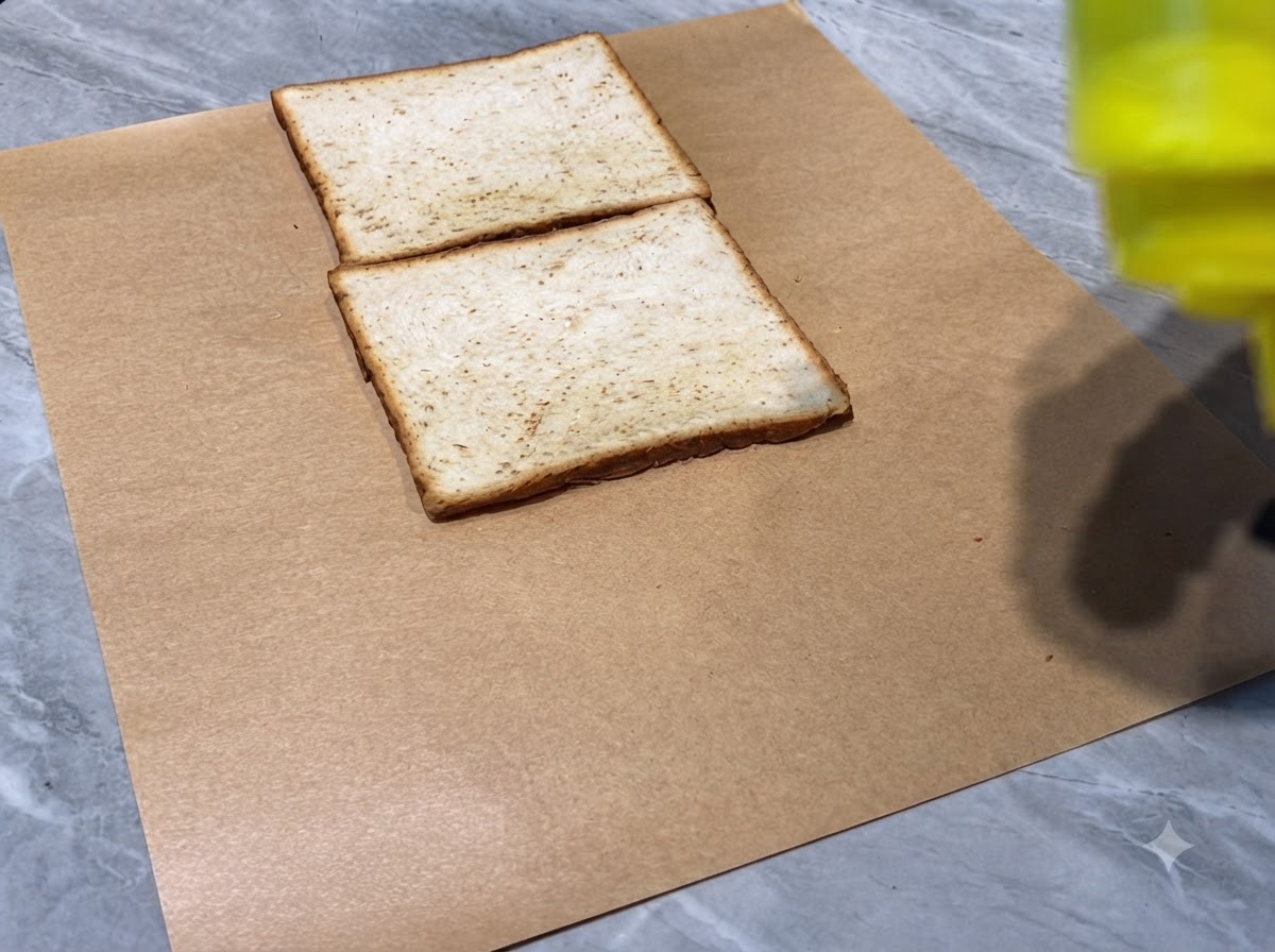 Three slices of toast laid side-by-side on brown paper with lines of mayonnaise being drizzled onto them.