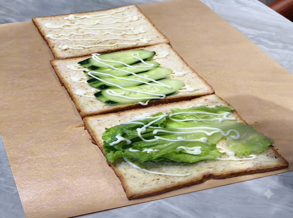 A tomato slice and a fried egg placed on the sandwich assembly, drizzled with mayonnaise.