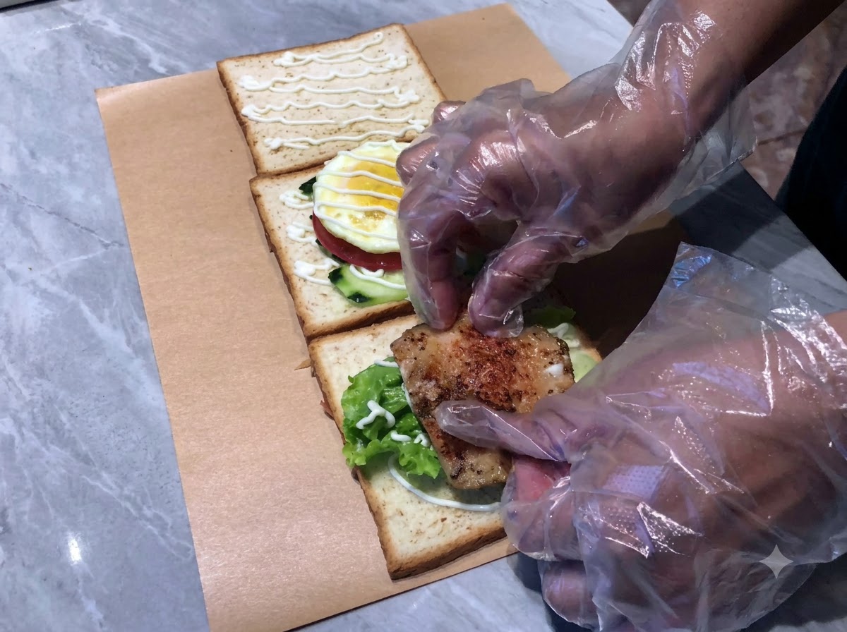 A chicken patty and shredded purple cabbage added to the sandwich layers, drizzled with mayonnaise.