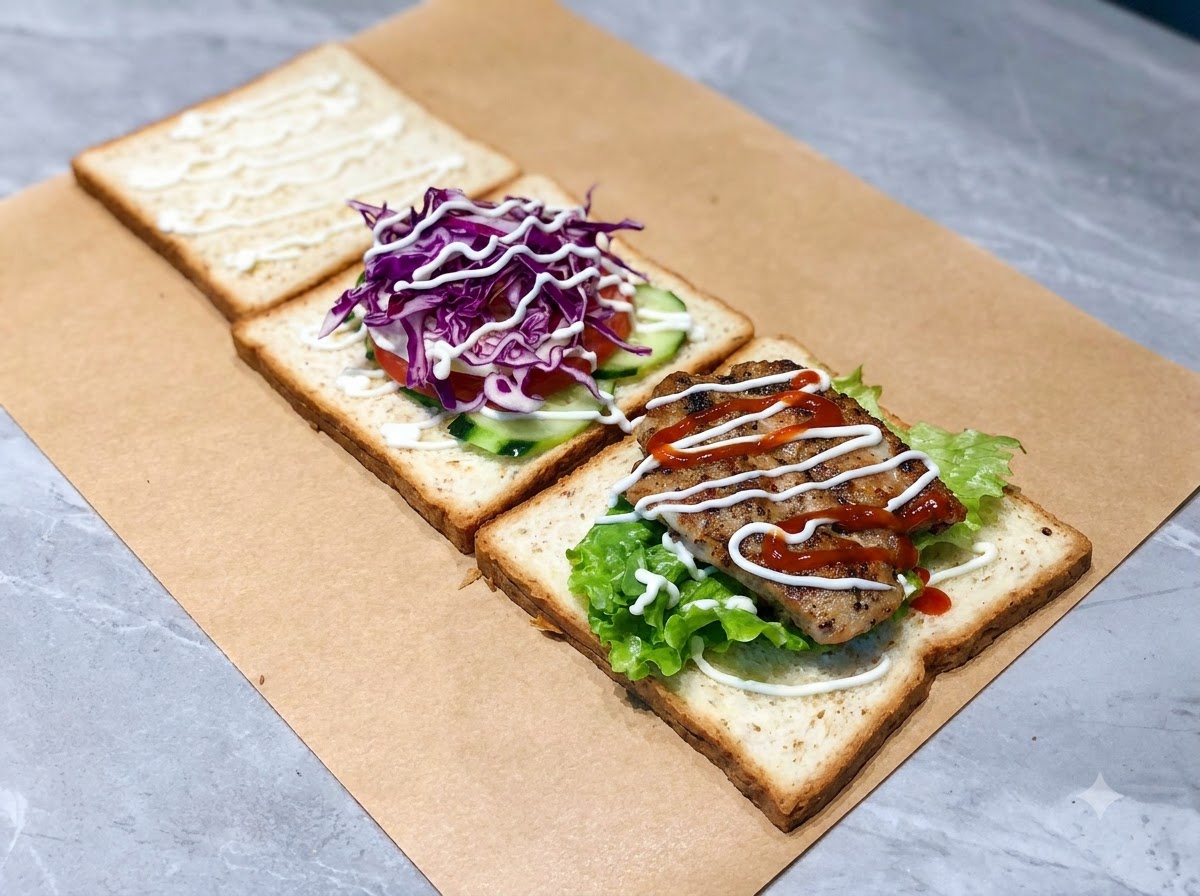 Ketchup, honey mustard, and mayonnaise applied over the assembled sandwich ingredients.