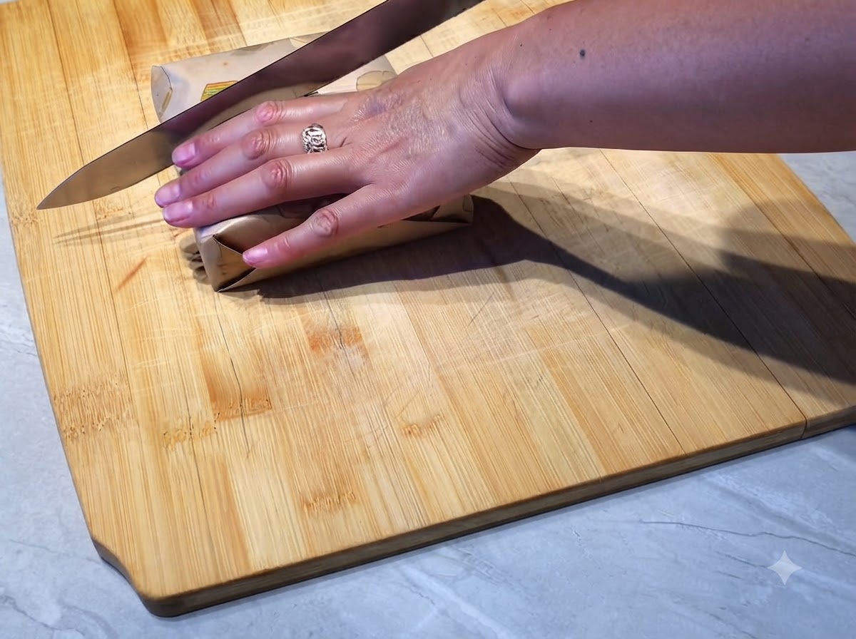A serrated bread knife cutting a paper-wrapped sandwich diagonally in half on a wooden cutting board.