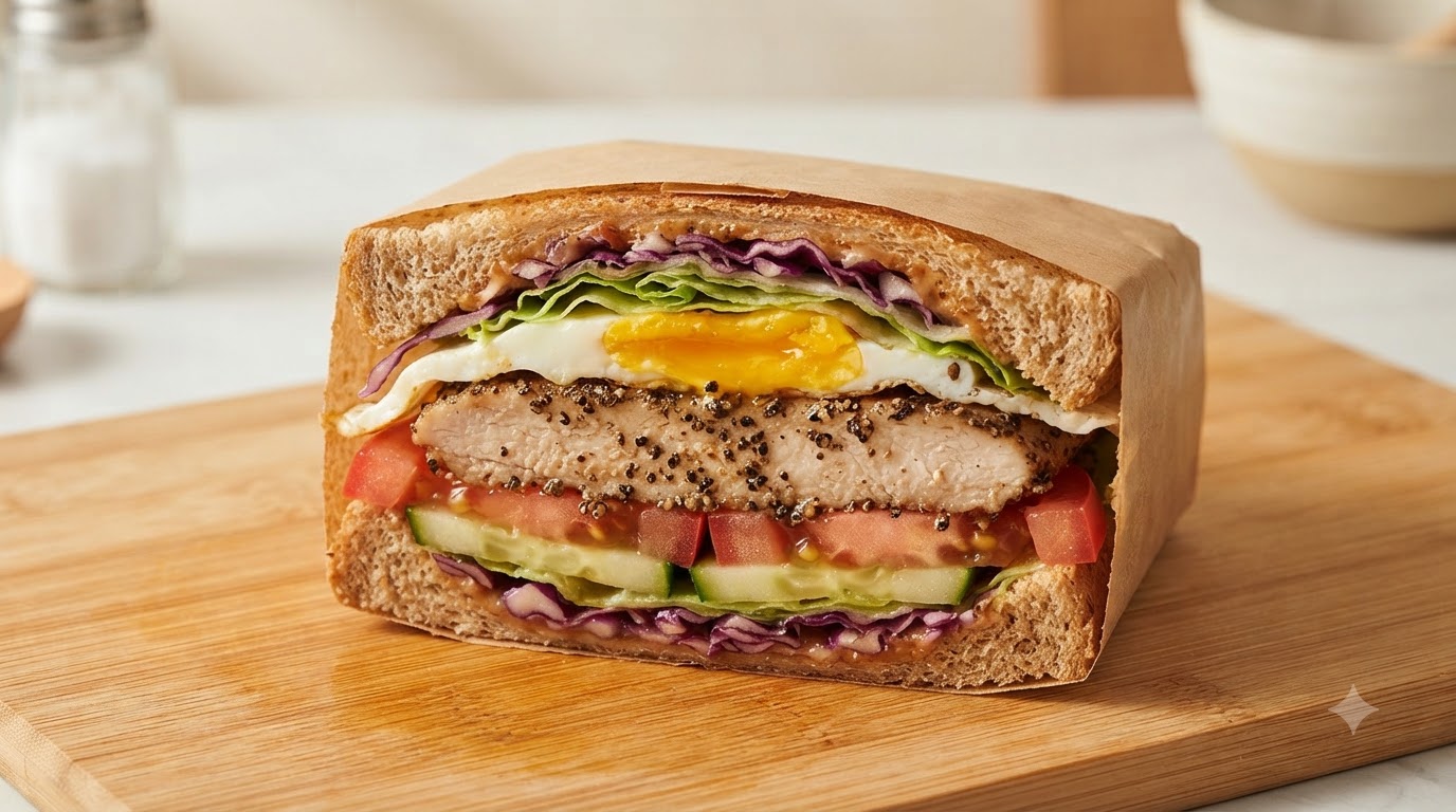 A cross-section view of a freshly cut sandwich showing layers of chicken, egg, tomato, cucumber, purple cabbage, and lettuce.