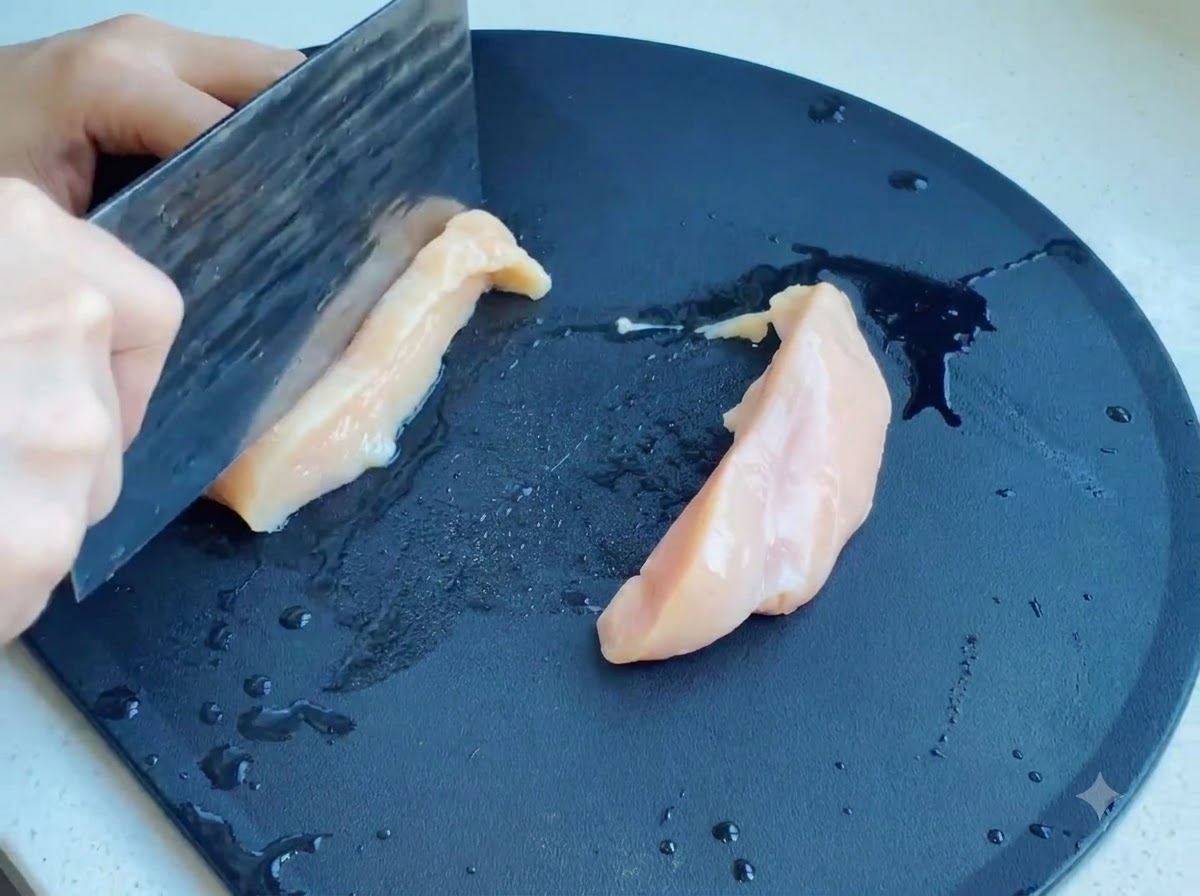 Raw chicken breast being sliced with a cleaver on a dark cutting surface.