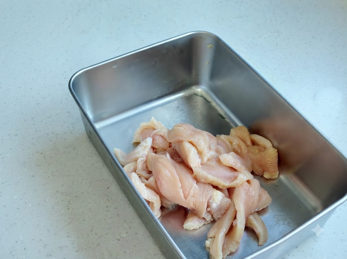 Sliced chicken in a metal container with various seasoning powders and sauces added.