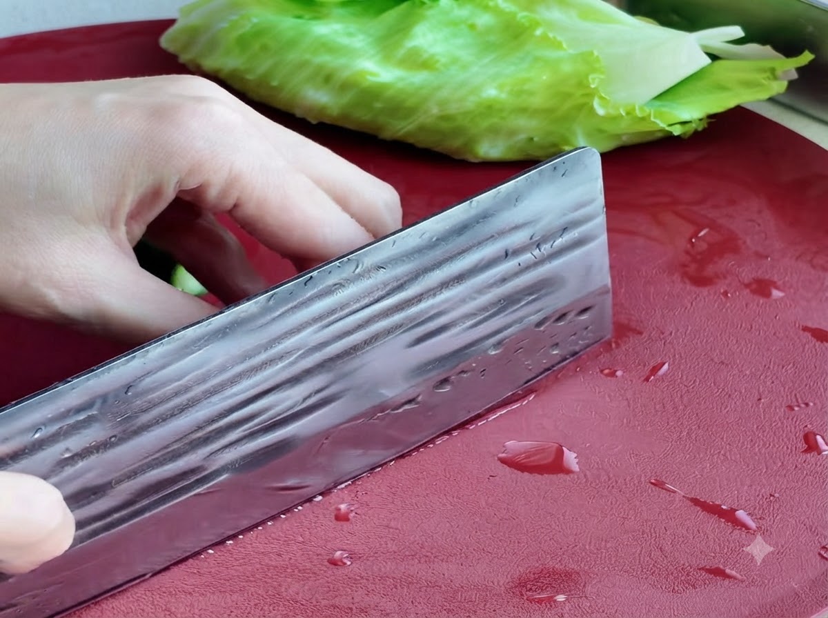 A cucumber being sliced on a red cutting board with lettuce in the background.