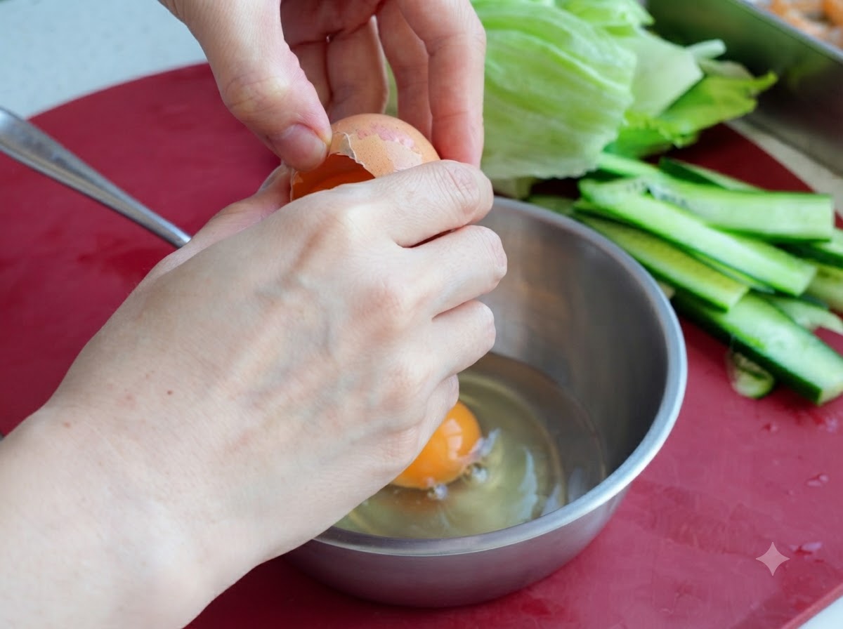 Eggs being cracked open into a metal mixing bowl on a red board.