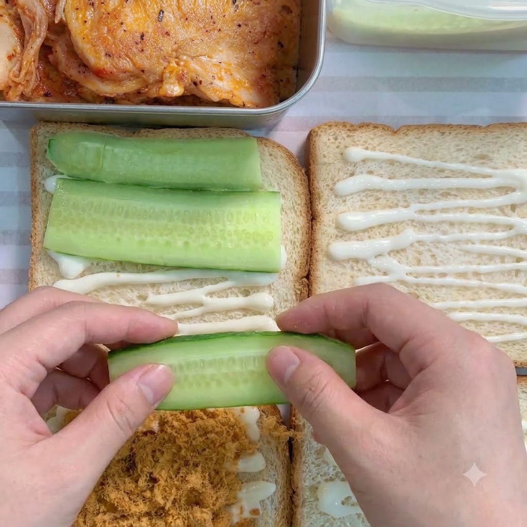 Hands placing fresh sliced green cucumbers onto the second slice of bread.