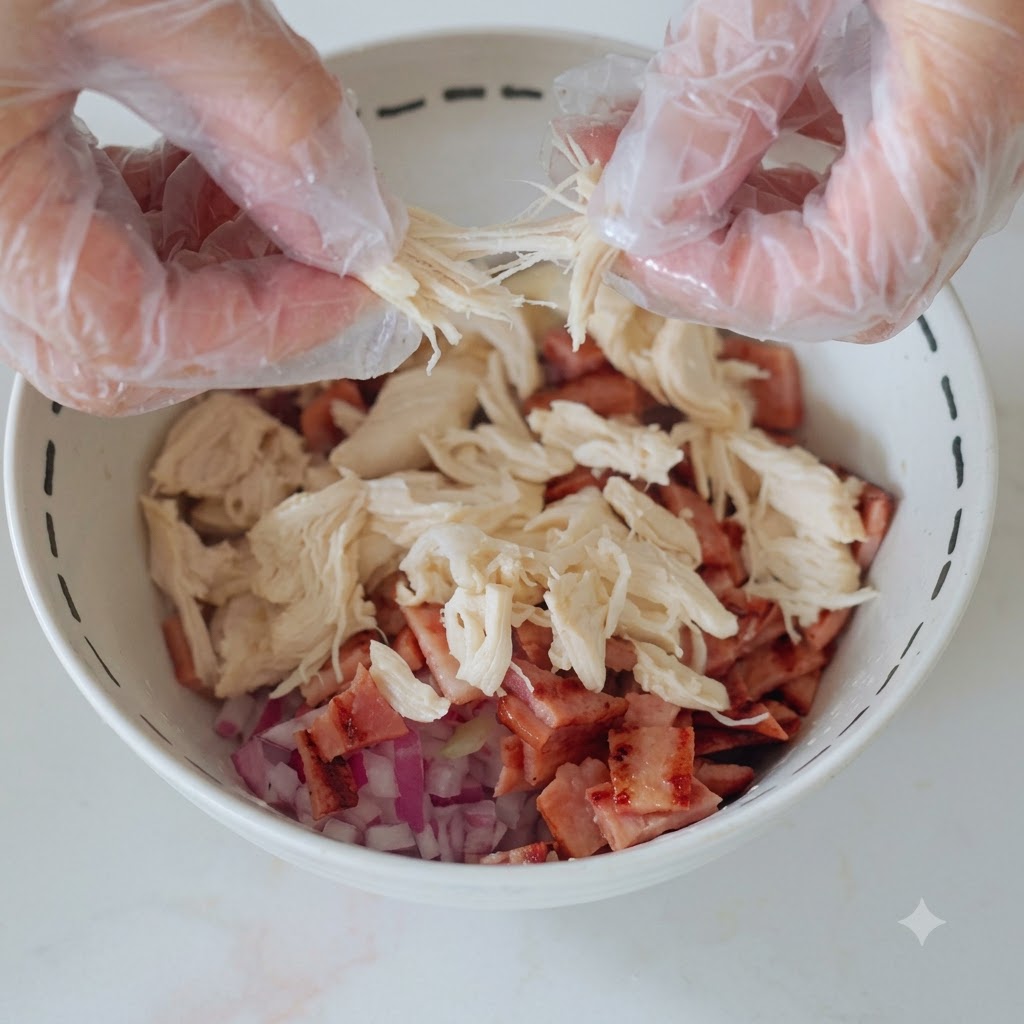 Cooked chicken breast being pulled apart and shredded by hand inside a bowl.
