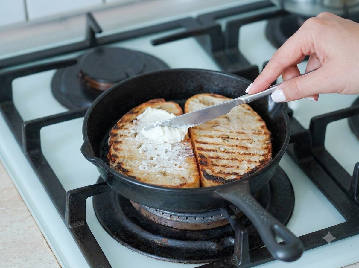 Garlic cream cheese being smoothly spread across a slice of toasted sourdough bread in a cast-iron skillet.