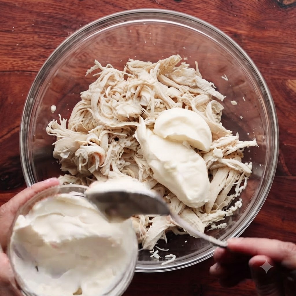 Mayonnaise being scooped into a glass bowl filled with shredded chicken.