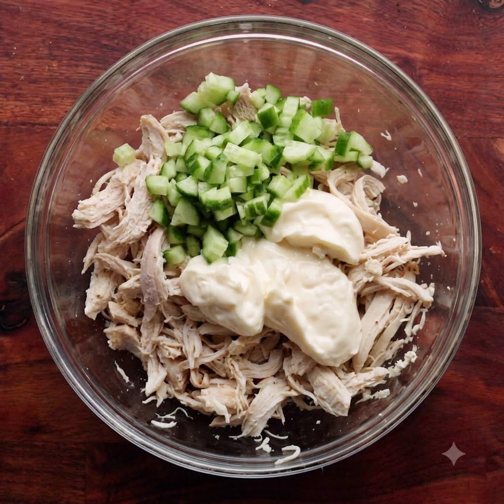 Finely diced green cucumbers added into the glass bowl with chicken and mayonnaise.