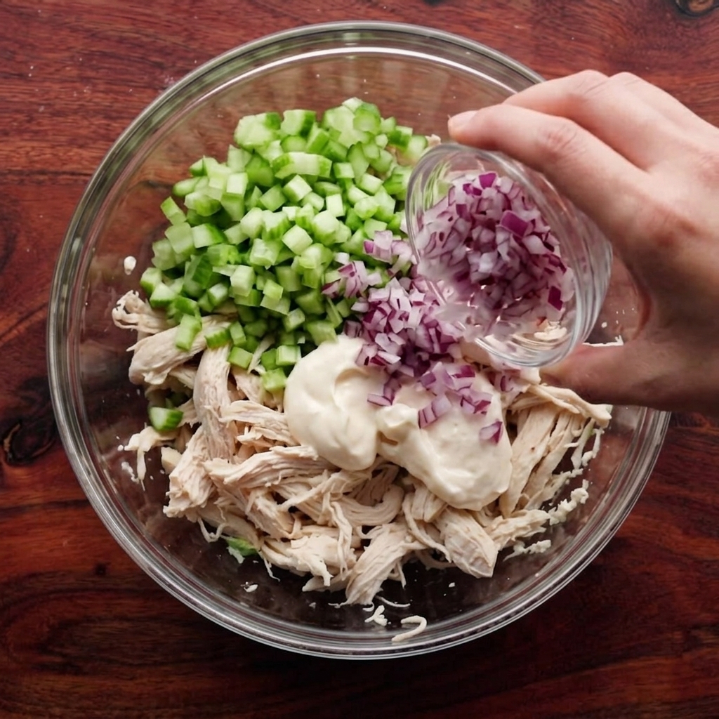 Chopped red onion being poured from a small bowl into the mixing bowl.