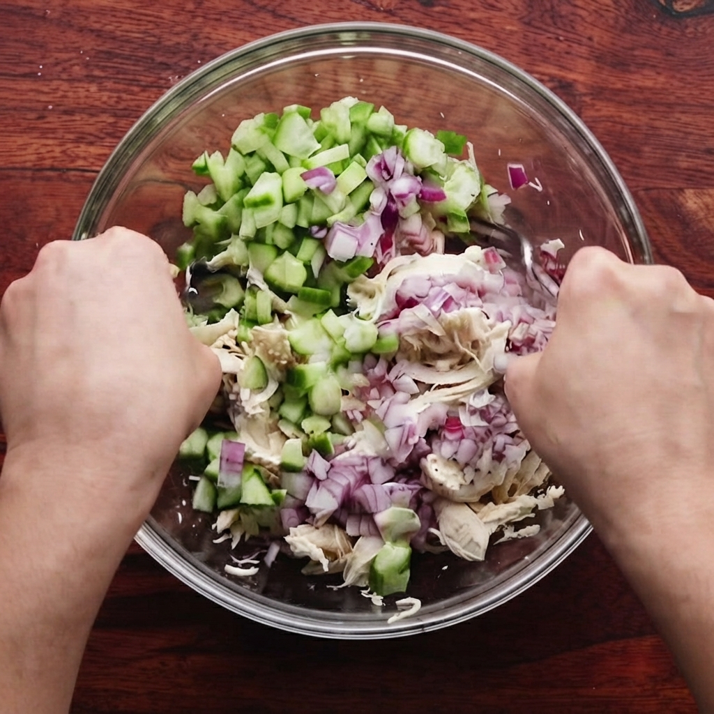 Two hands using forks to mix chicken, cucumber, onion, and mayonnaise inside a glass bowl.