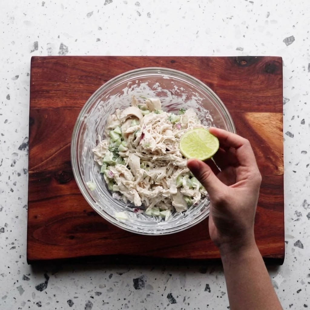 A hand holding a fresh lime half over the bowl of mixed chicken salad.