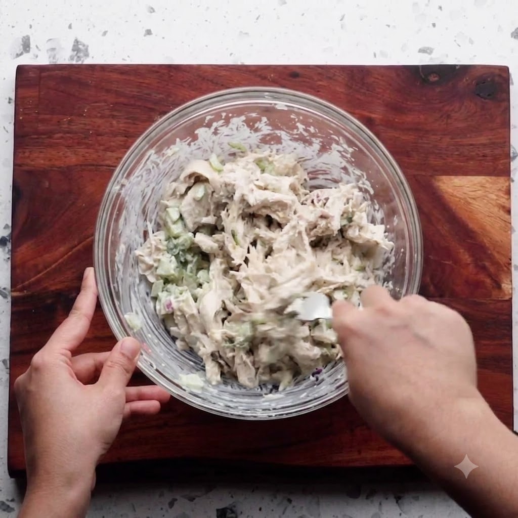 A clear glass bowl filled with a creamy chicken and vegetable salad mixture being stirred with a fork.