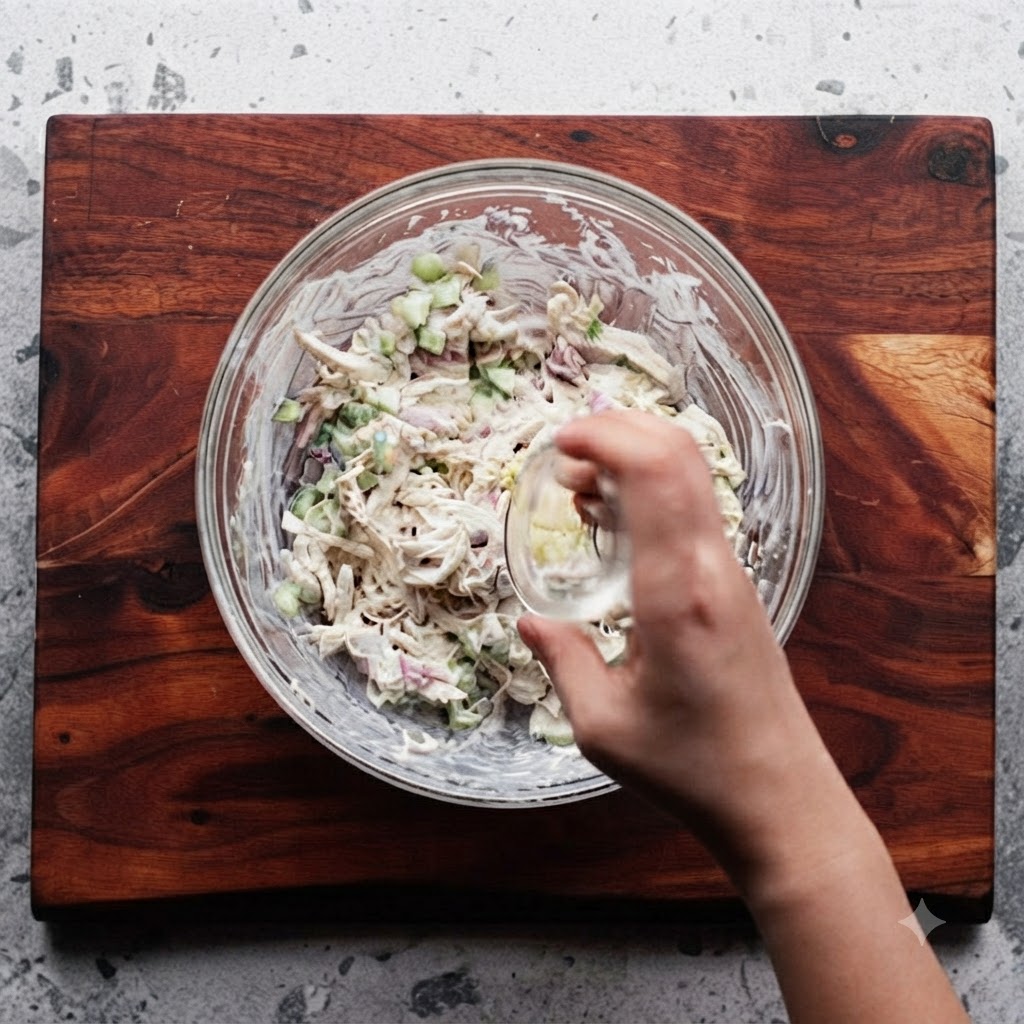 A hand pouring chopped garlic from a small glass dish into a bowl of chicken salad.