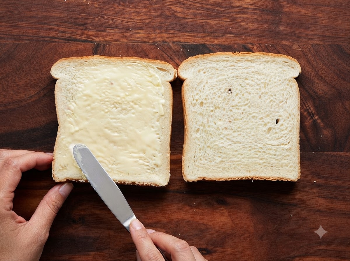 A butter knife spreading butter evenly onto a slice of white sandwich bread next to a plain slice.