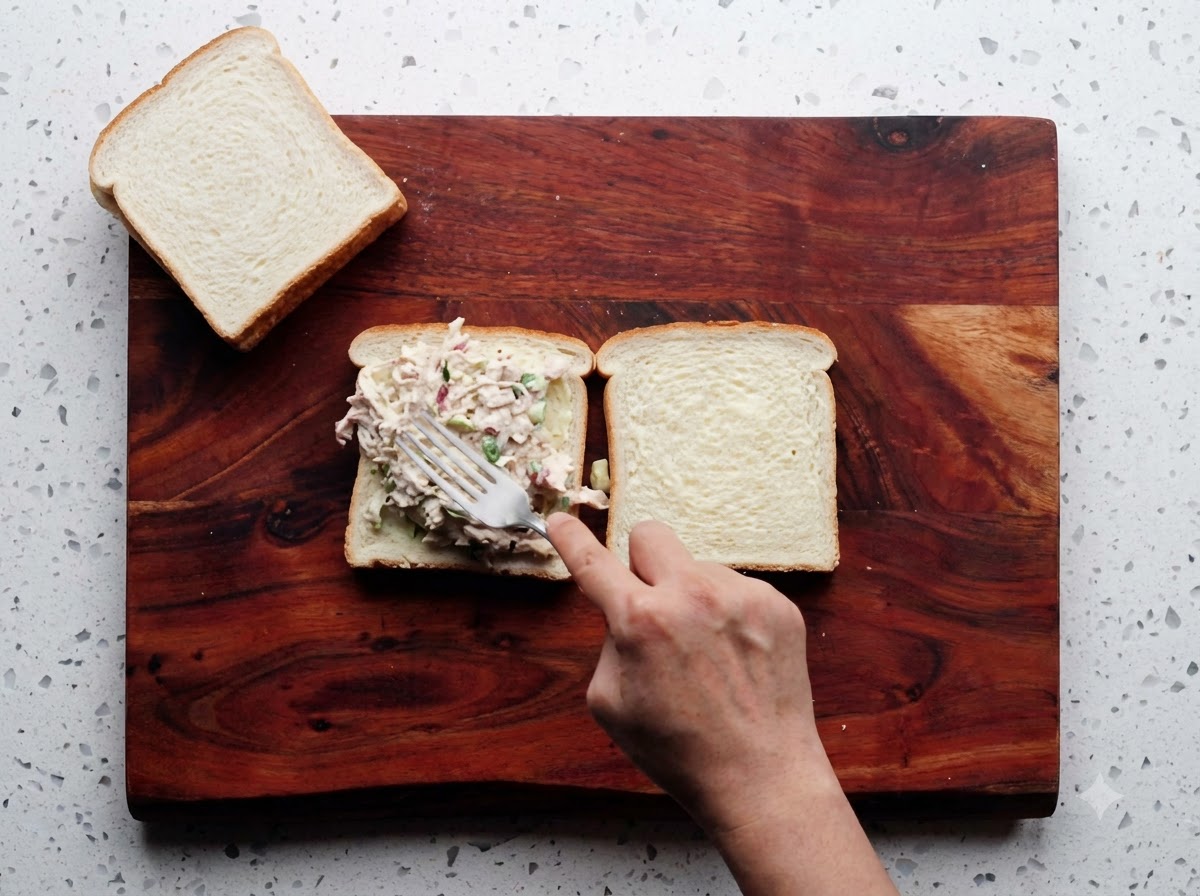 A fork placing chicken salad filling onto a buttered slice of white bread on a wooden board.