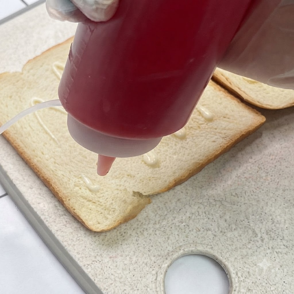 Salad dressing and ketchup being squeezed in a zigzag pattern onto a slice of white bread.