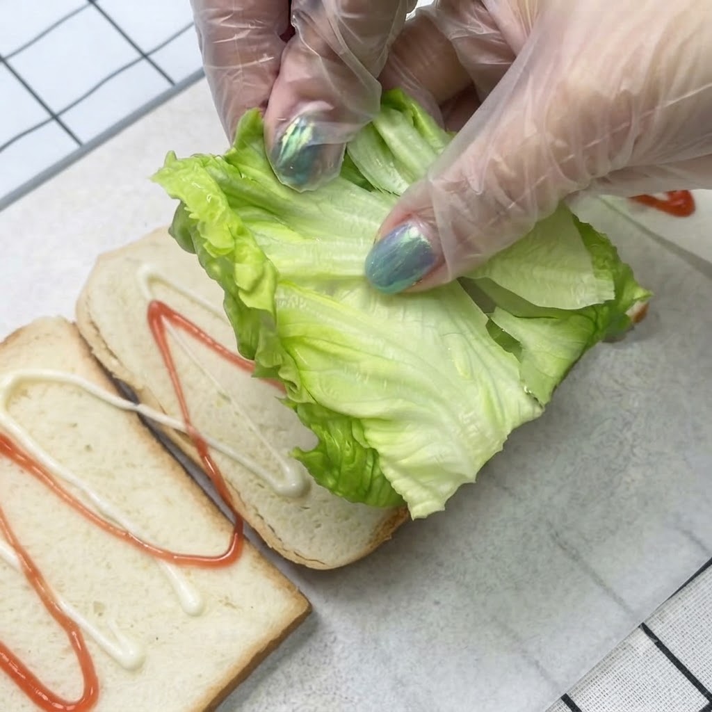 Gloved hands placing a piece of fresh green lettuce onto a sauce-covered slice of bread.