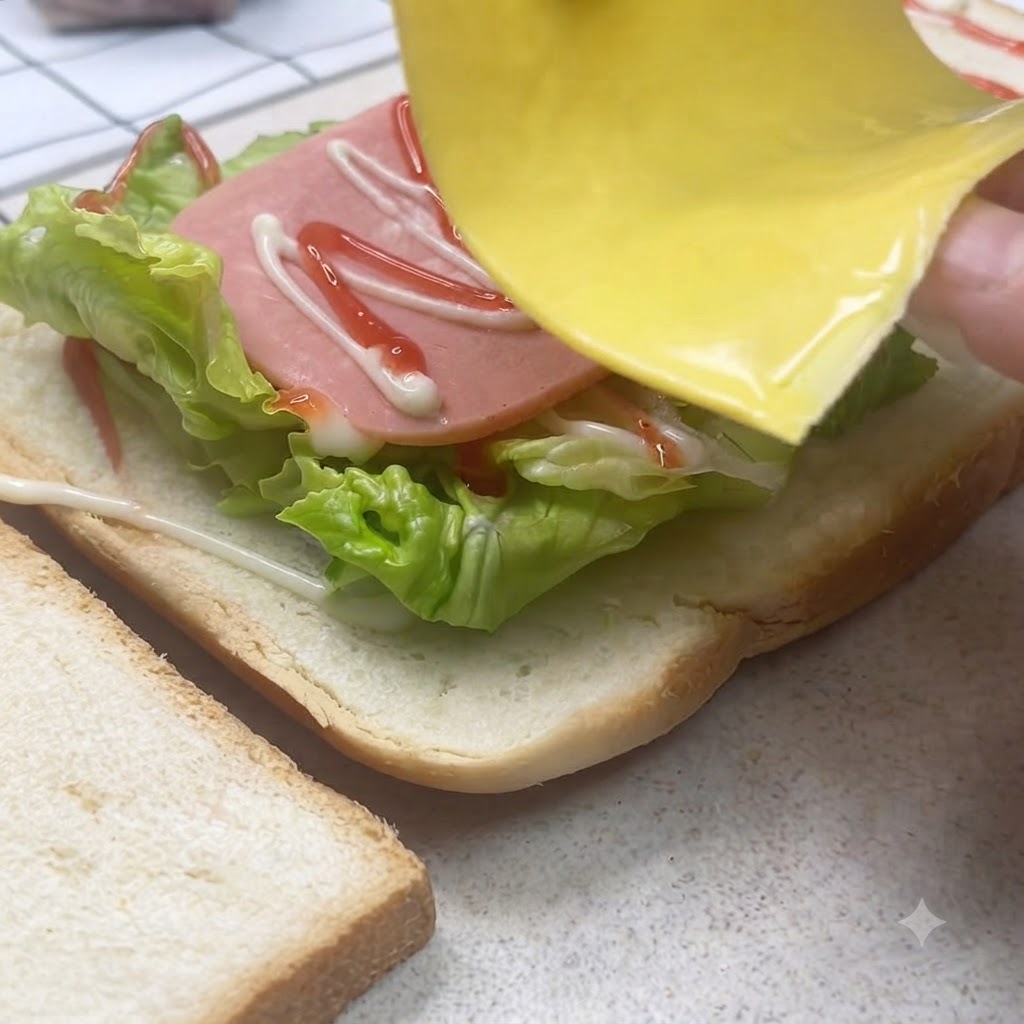 A yellow cheese slice being placed over ham on a sandwich assembly station with salad dressing.