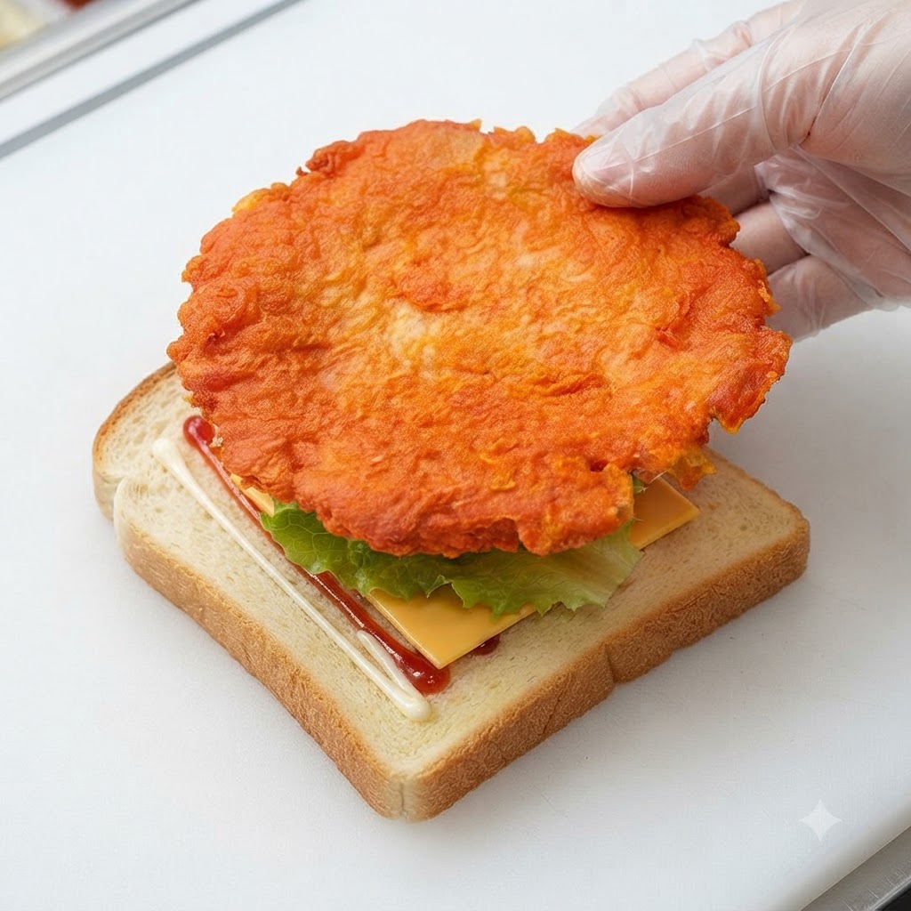An Orléans-flavored chicken cutlet being placed on top of a yellow cheese slice and bread.