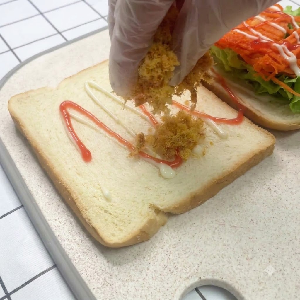 Meat floss being sprinkled evenly across a sauce-covered slice of white bread.