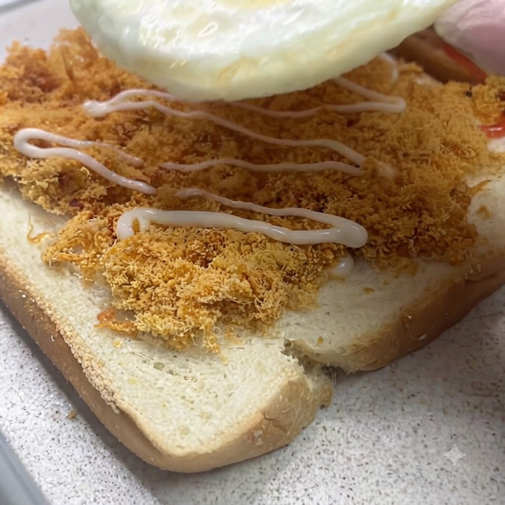 A fried egg being lowered onto a layer of meat floss with drizzled dressing on sandwich bread.