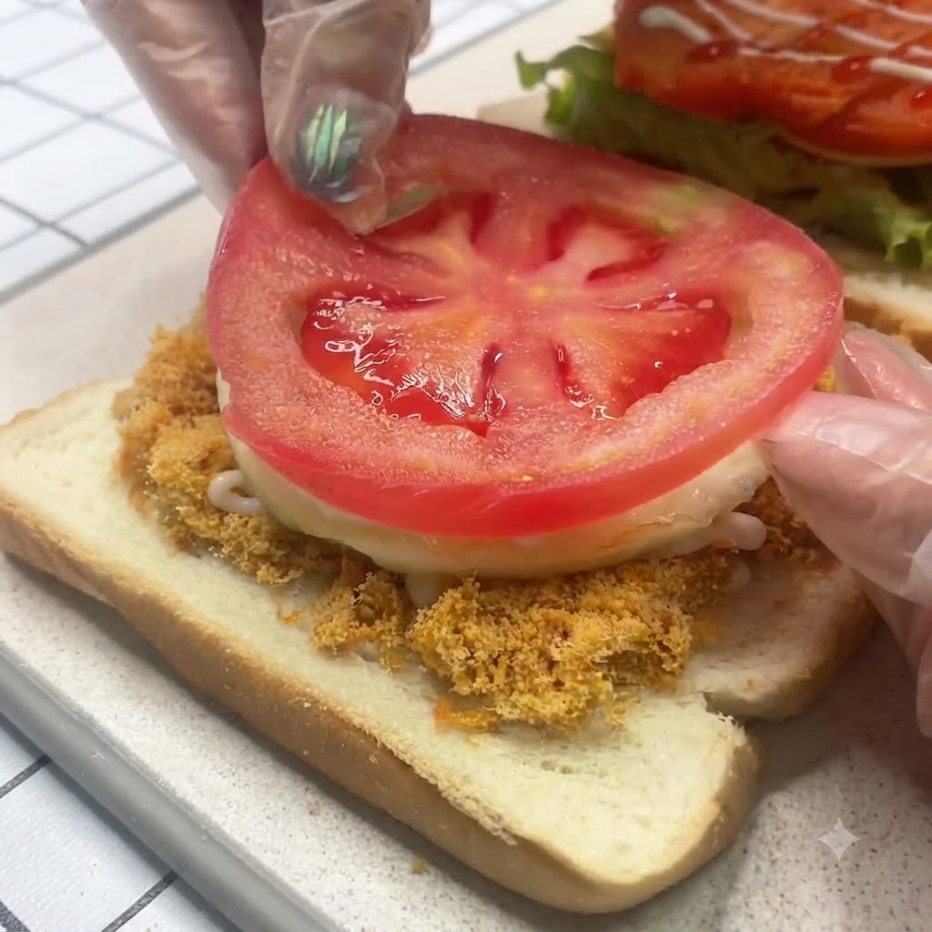 A fresh tomato slice being placed on top of a fried egg on a sandwich stack.