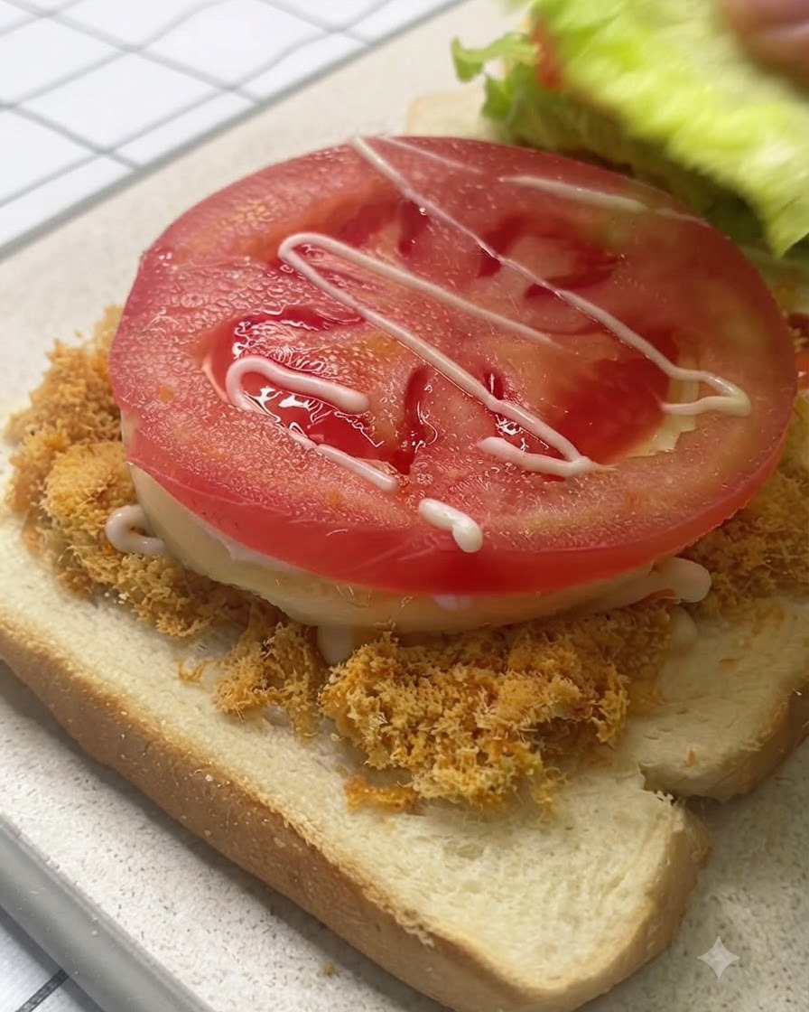 A fresh lettuce leaf being placed over a tomato slice on a loaded sandwich ready for closing.