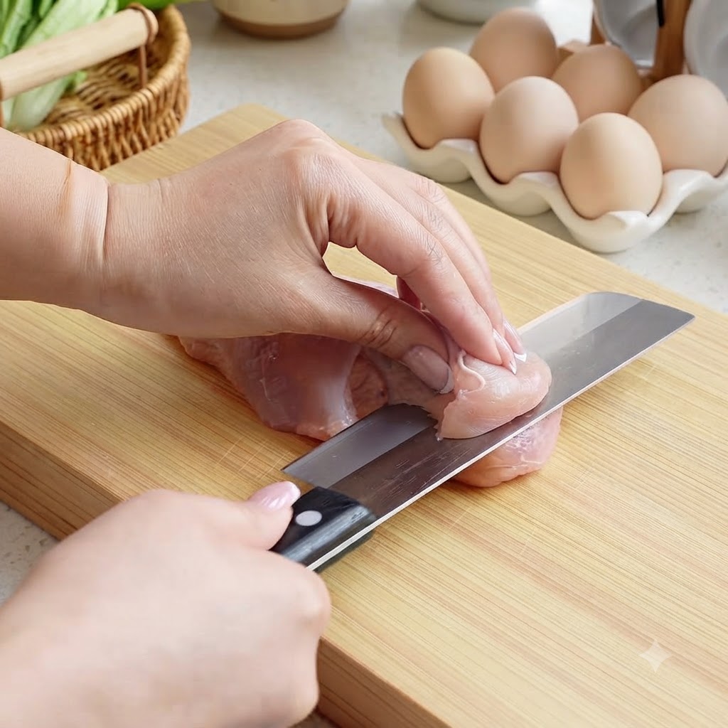 A sharp knife slicing a piece of raw chicken breast into thin strips on a wooden board.