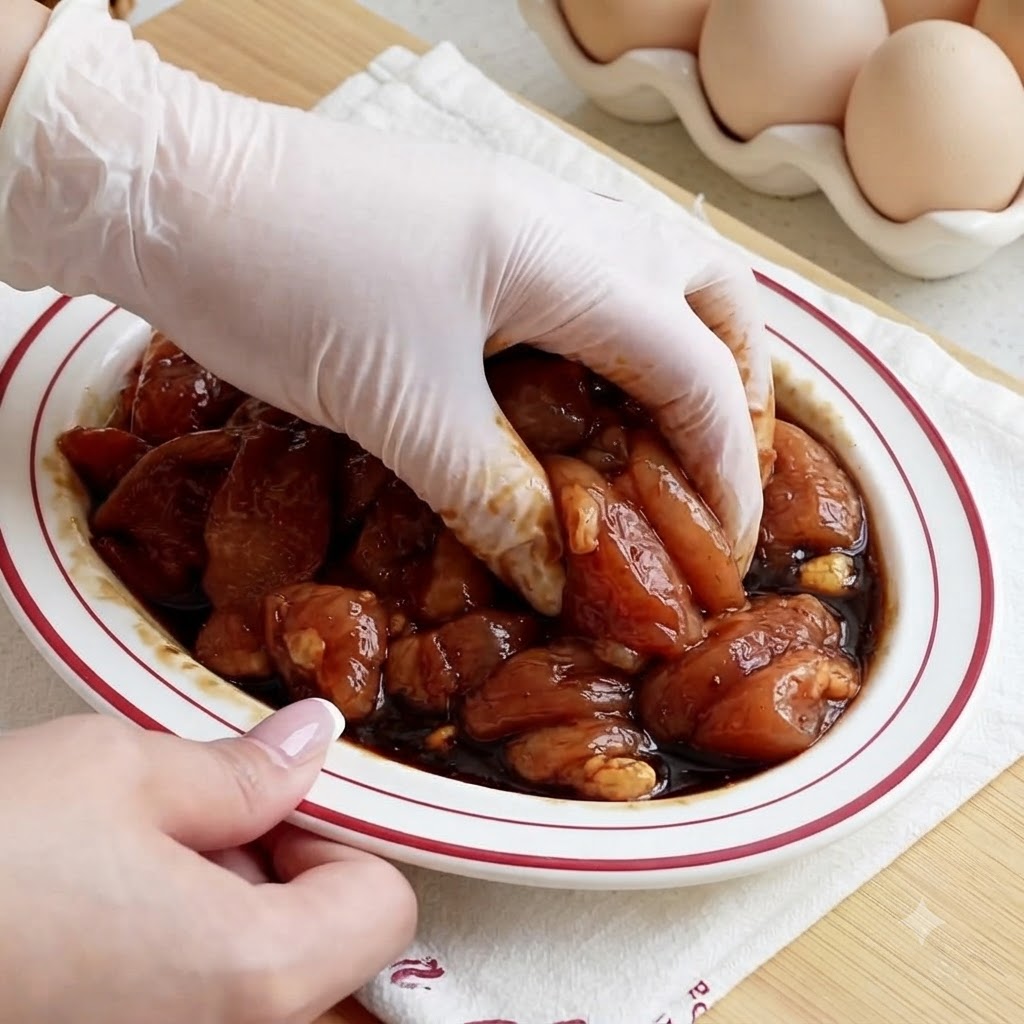 Gloved hands mixing and massaging seasoned chicken strips inside a white plate.