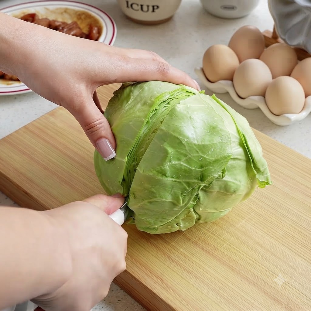 A green cabbage being sliced into thin, delicate shreds on a wooden cutting board.