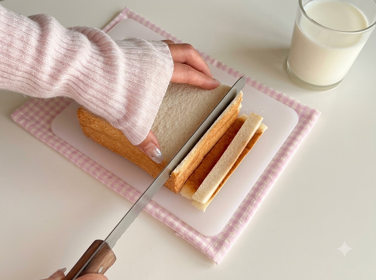 White bread slices being trimmed with a knife on a cutting board.