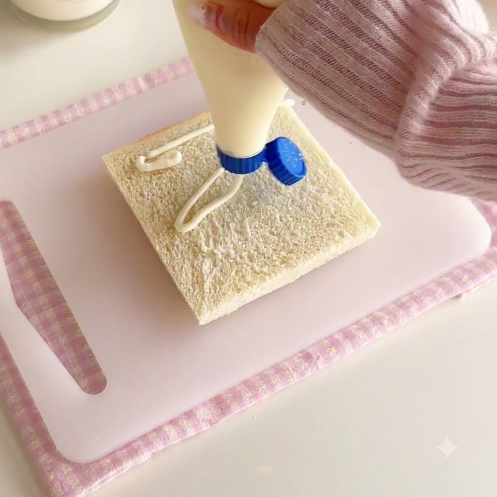 Salad dressing being squeezed and spread onto a slice of bread.