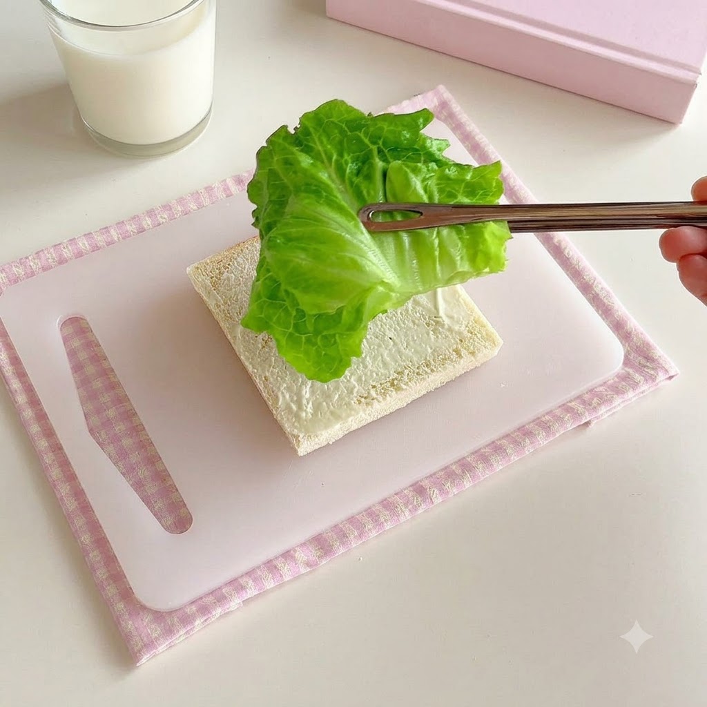 Fresh green lettuce leaves being placed onto a slice of white bread with sauce using metal chopsticks.