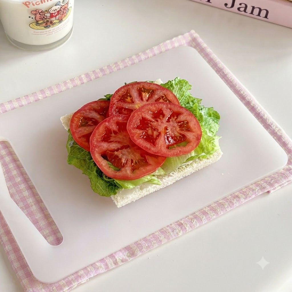 A slice of bread being placed on top of layered vegetables.