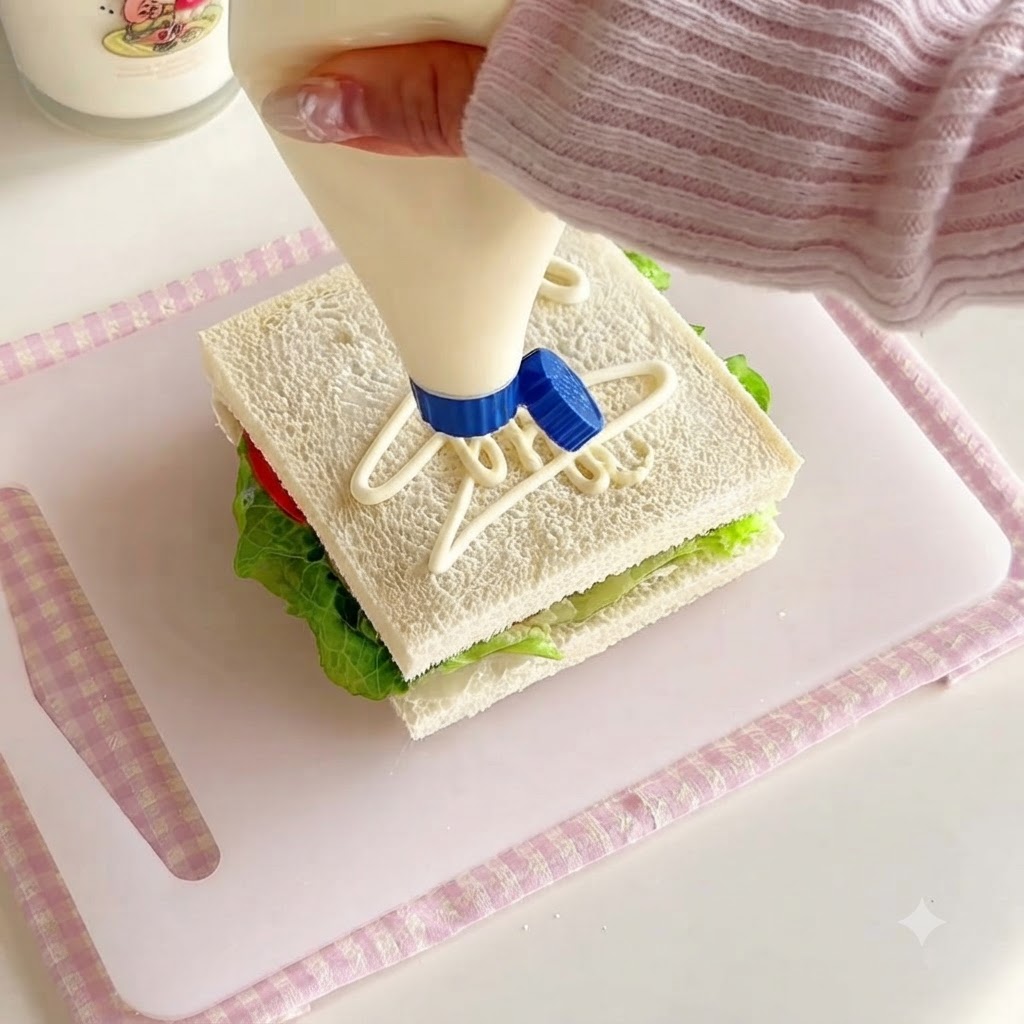 Salad dressing being squeezed in a pattern from a plastic bottle onto a square slice of white bread.