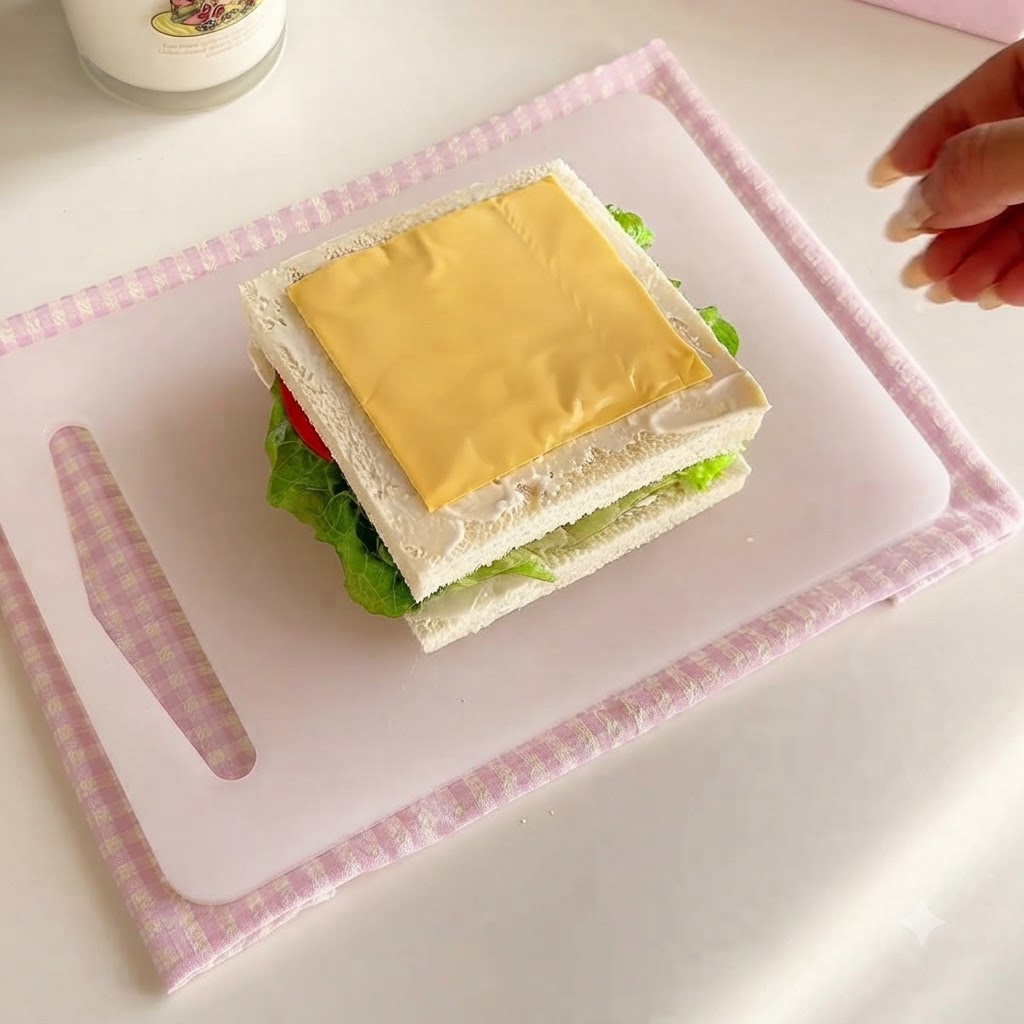 A square slice of yellow cheese sitting neatly on top of the assembled sandwich layers.