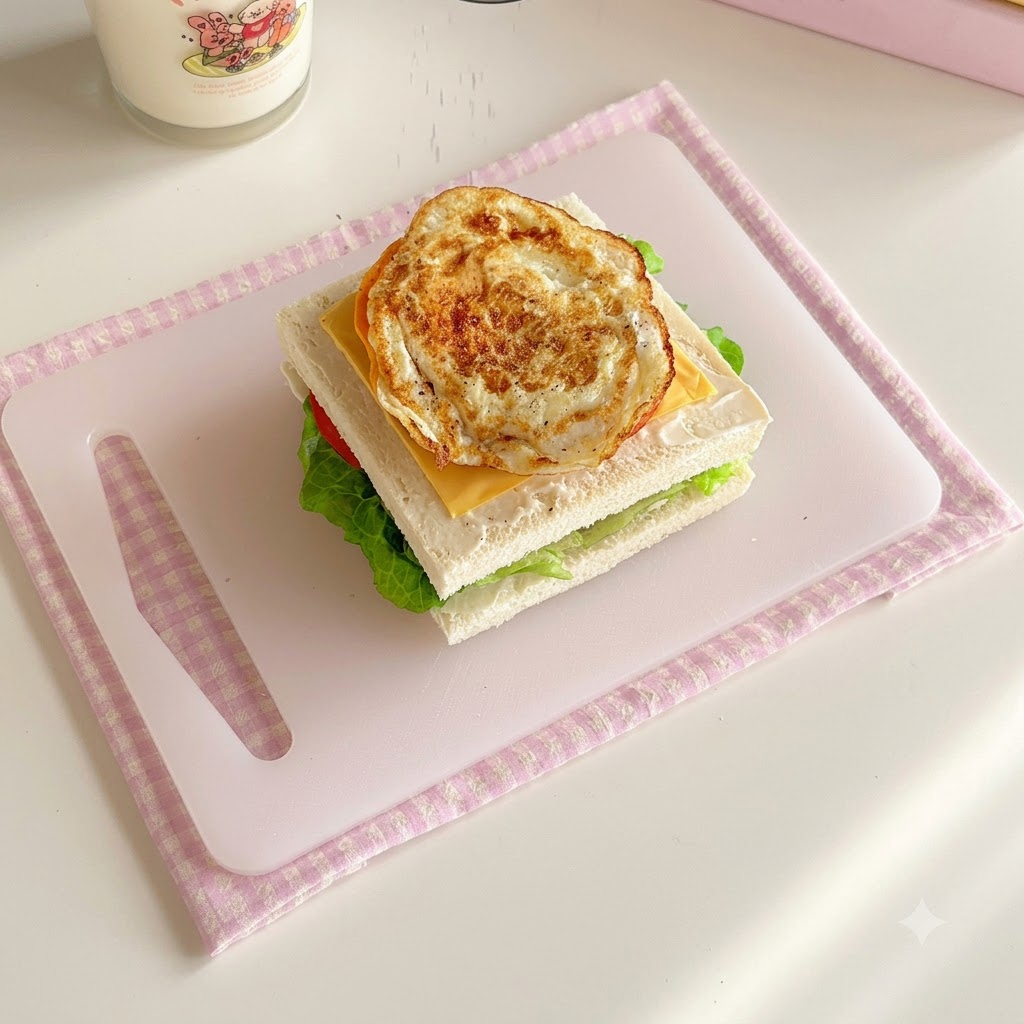 A fried egg resting on sandwich layers with freshly ground black pepper sprinkled over it.