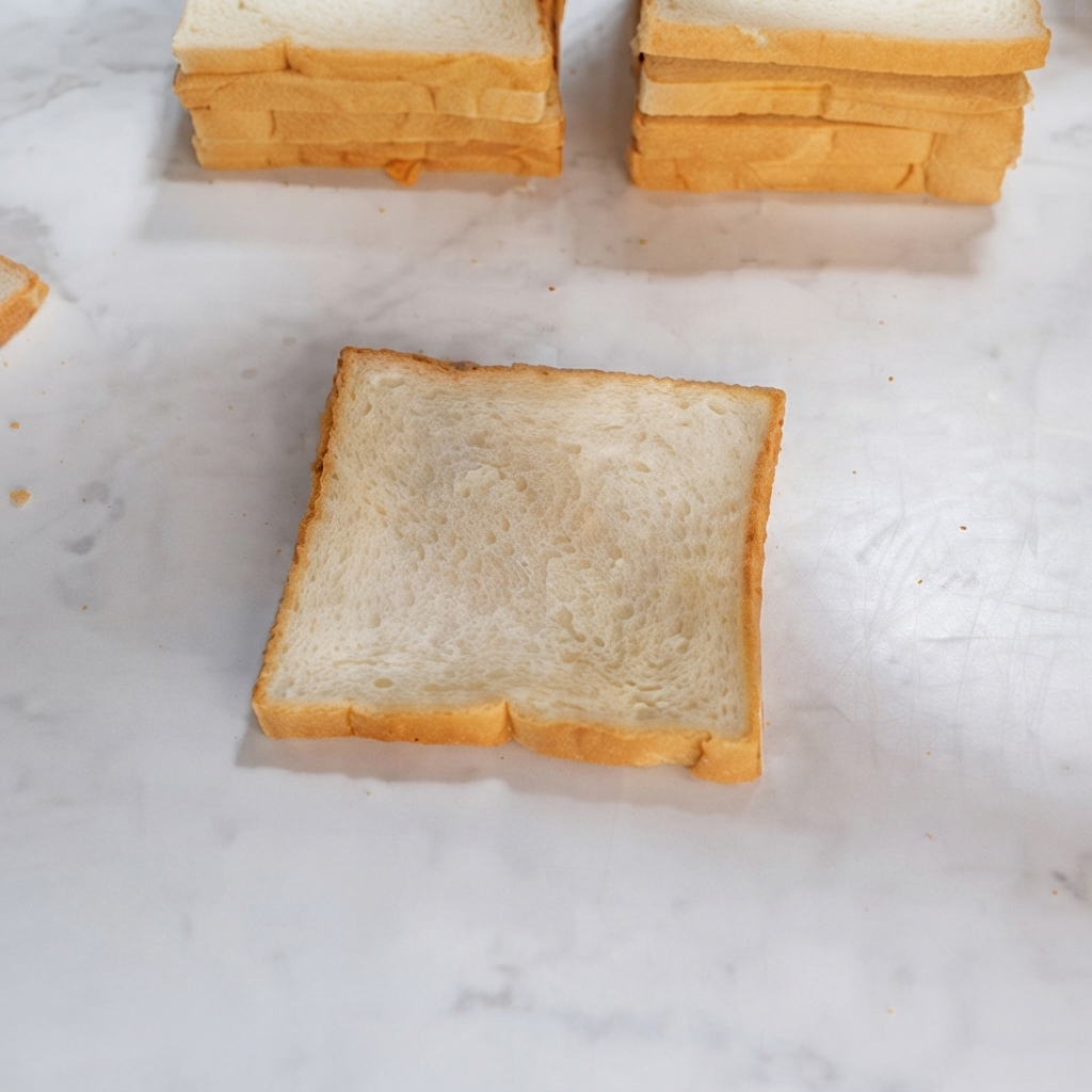 A close-up of a white slice of bread with zig-zag lines of mayonnaise dressing being piped onto it.