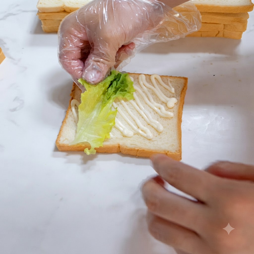 Gloved hands carefully placing a fresh green lettuce leaf onto the dressed slice of toast.