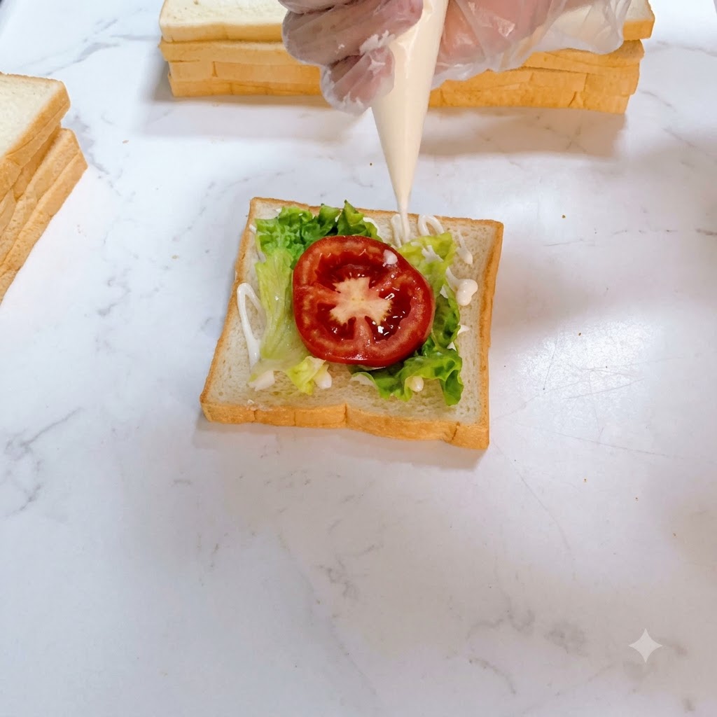Salad dressing being squeezed from a piping bag onto a red tomato slice resting on lettuce.