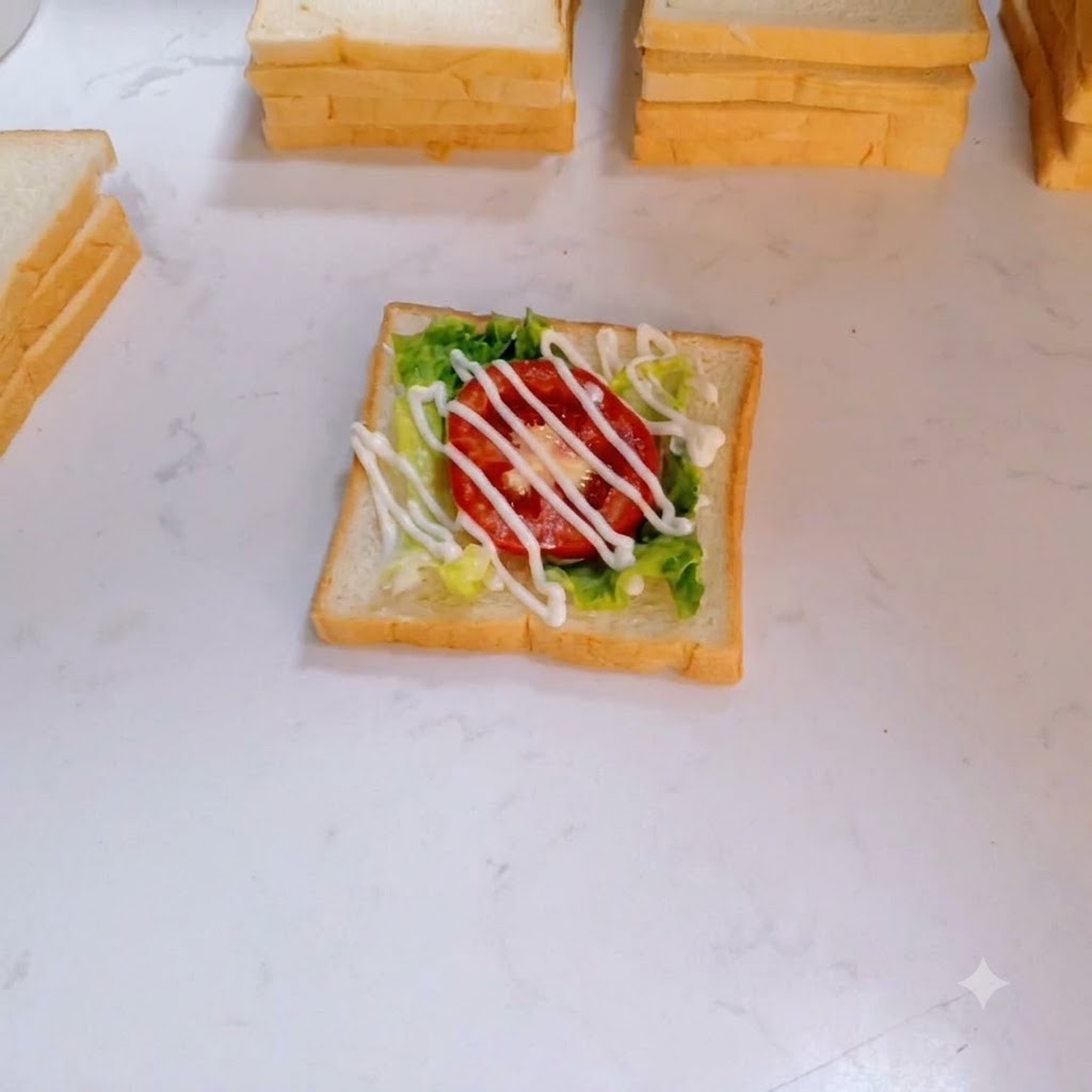 A handful of fluffy shredded meat floss being scattered over the dressed vegetable layer.