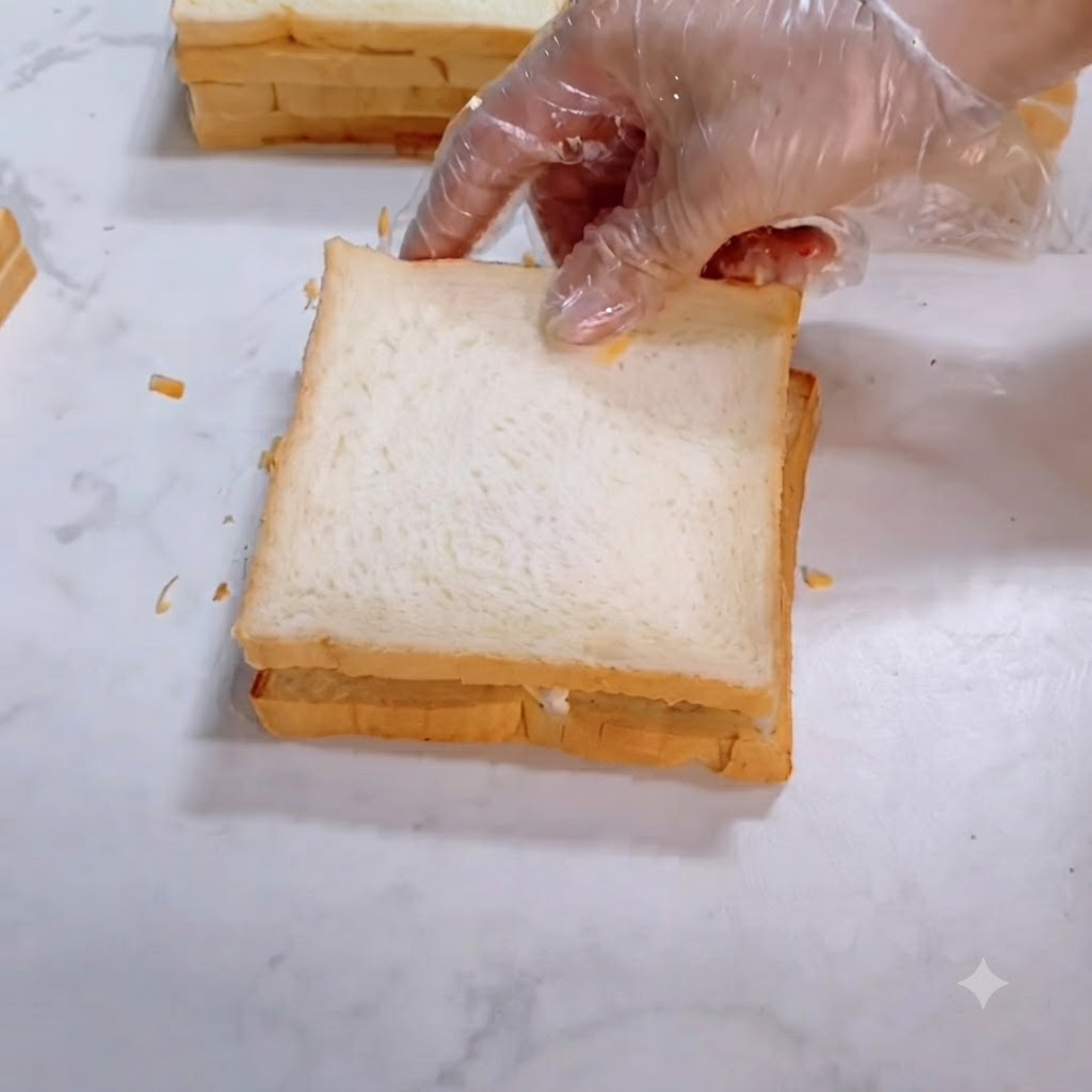 A gloved hand gently pressing down a second slice of toast onto the sandwich filling.