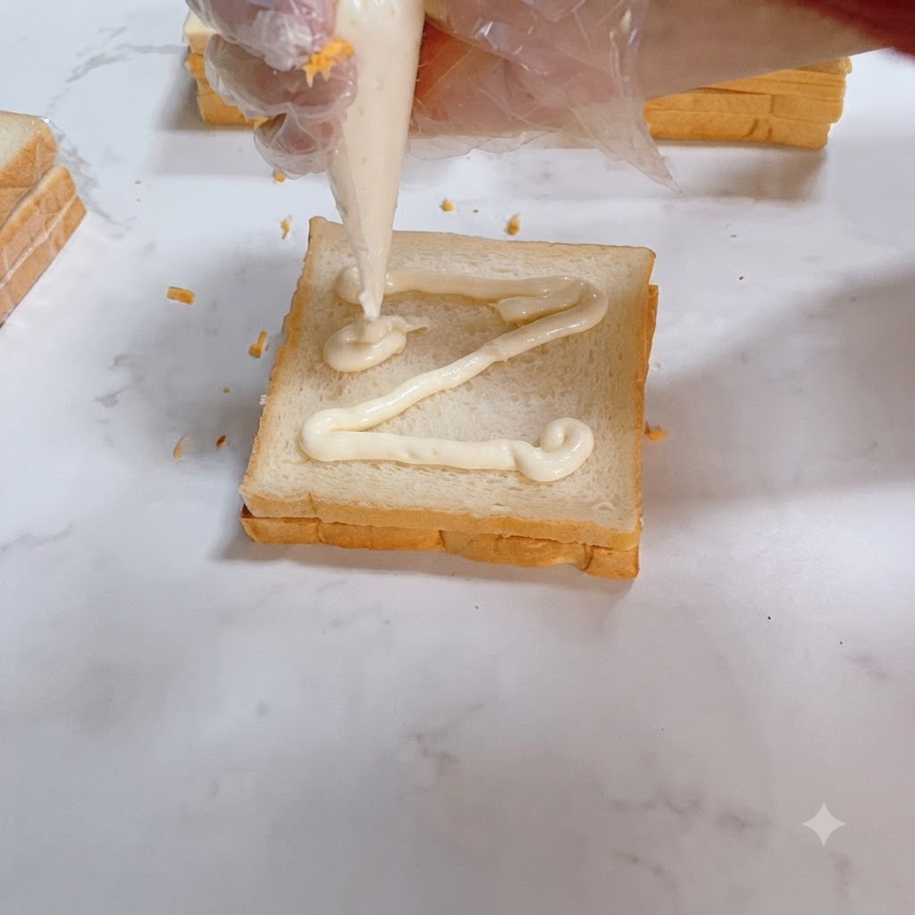 Salad dressing being squeezed in a zig-zag pattern onto a piece of sandwich bread.