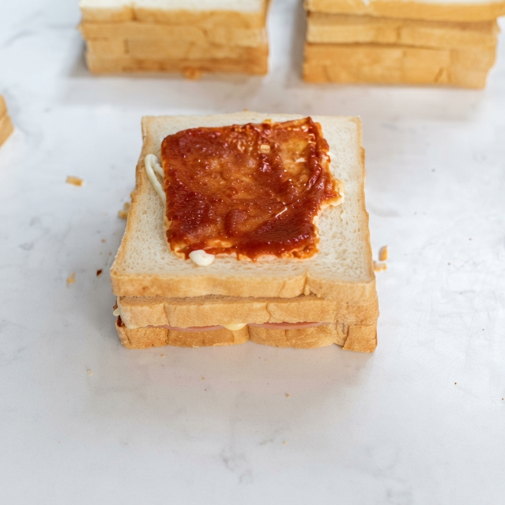 Salad dressing being applied in zig-zag lines over an Orlean-marinated chicken cutlet on layered bread.
