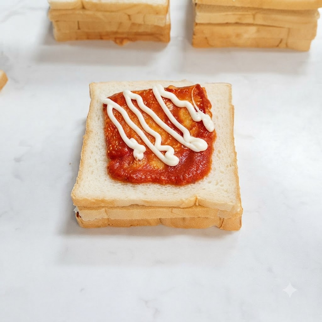 The topmost slice of white sandwich bread being pressed down onto the assembled stack.